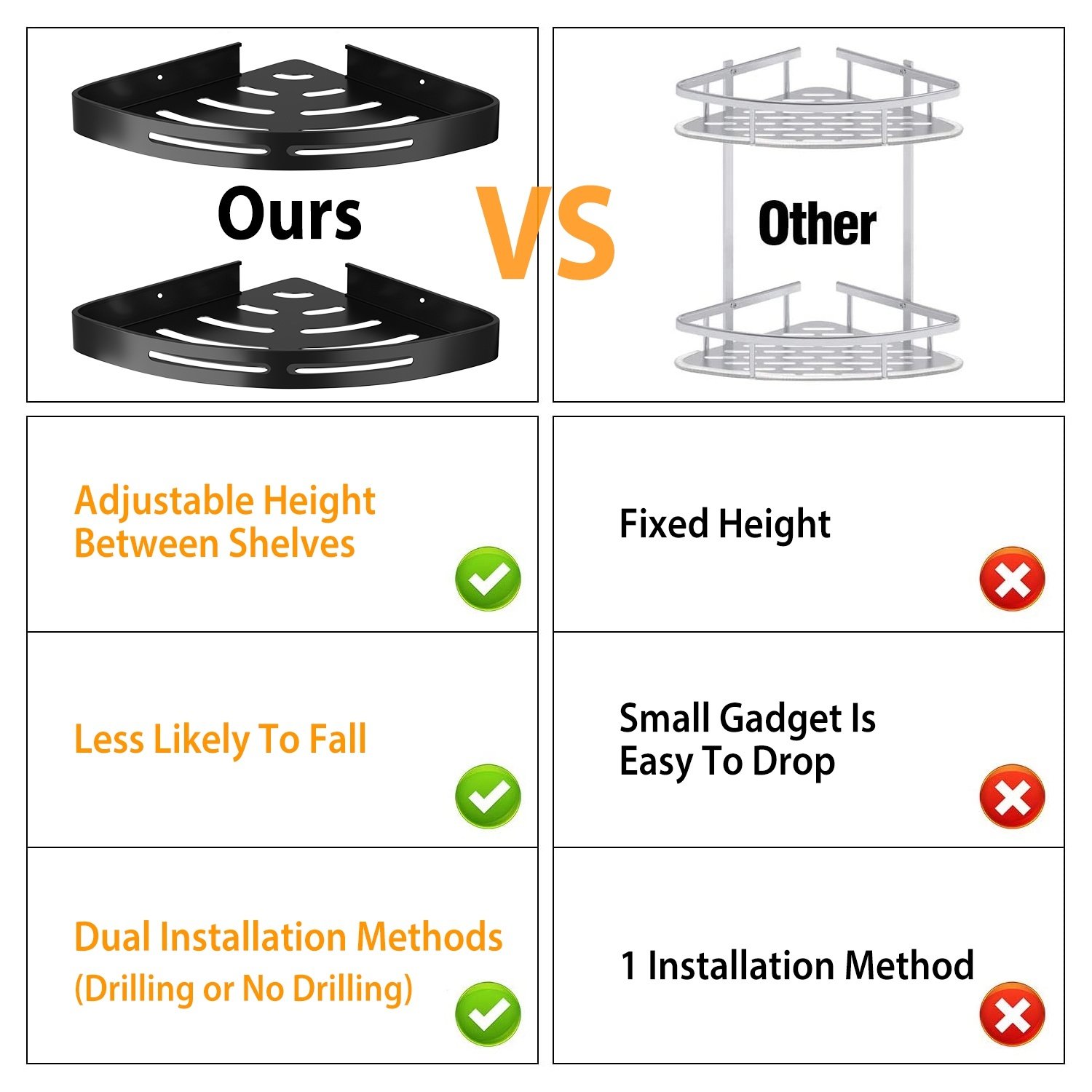 2Pcs Corner Shower Caddy Shelf Adhesive Bathroom Wall Mounted Storage Racks Aluminum Organizers For Bathroom Toilet Kitchen Dorm - Image 2